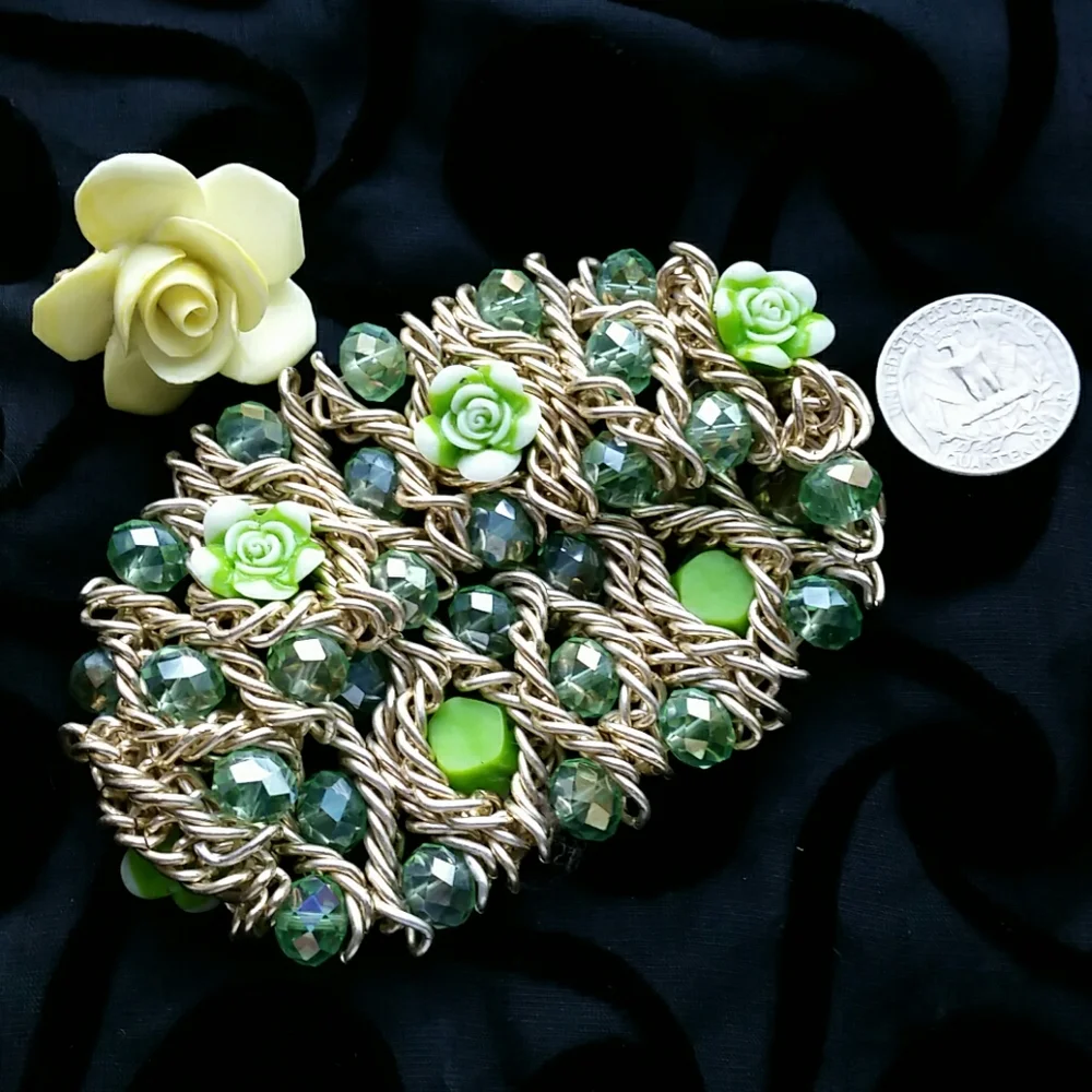 Green Rhinestones and Roses Stretch Boho Bracelet Goldtone
